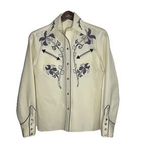 Vintage 70s H Bar C California Ranchwear Western Shirt Cream Grey Floral Pearl S